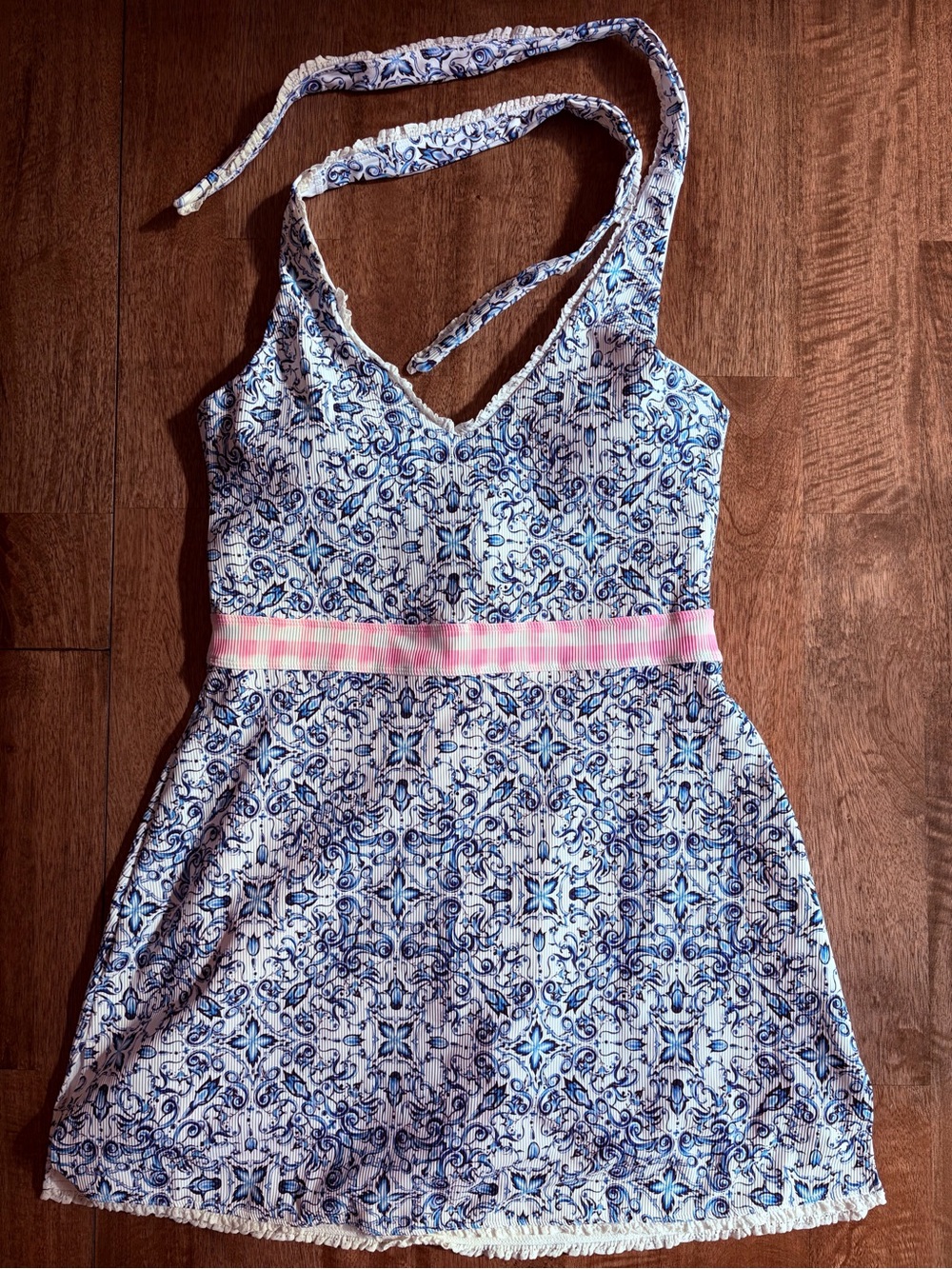 Astoria Blue and White Printed Halter Mini Active Dress With Built in Shorts